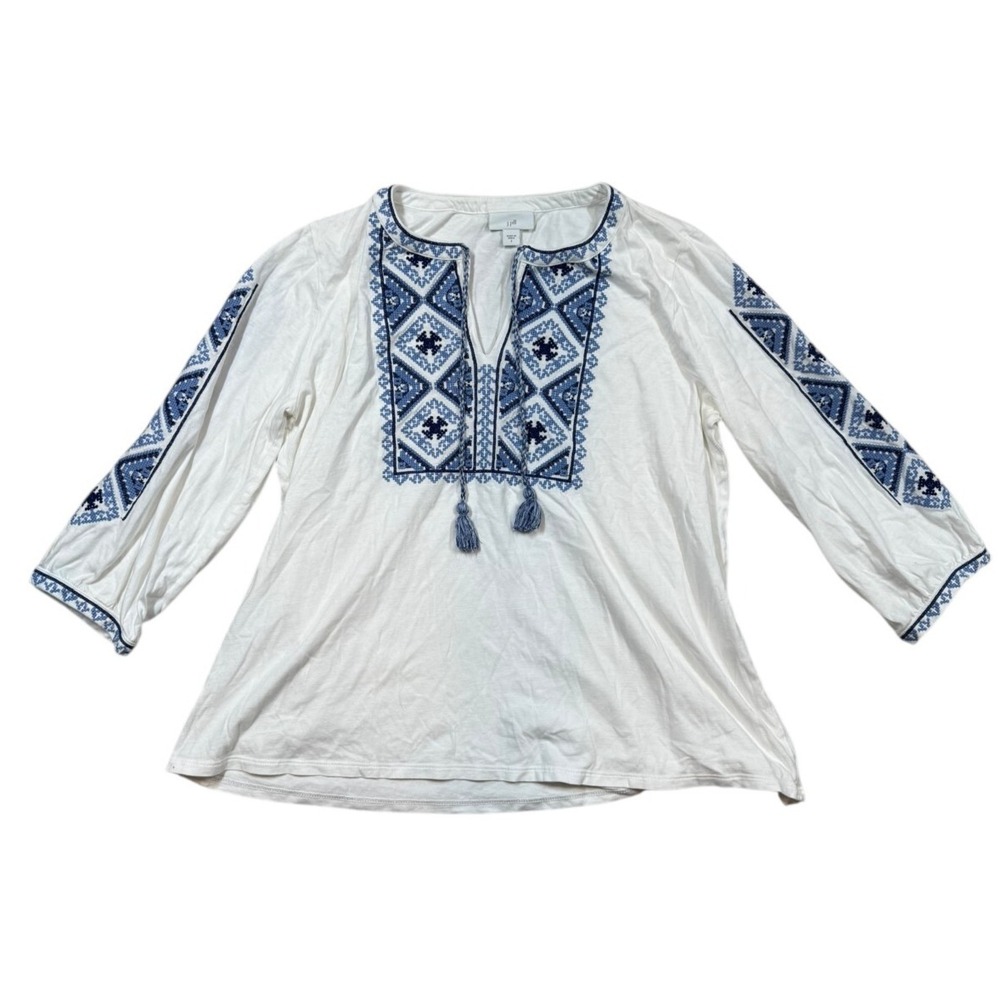 J. Jill Women's Multi Aztec Embroidered Tasseled 3/4 Sleeve Top Size Small READ